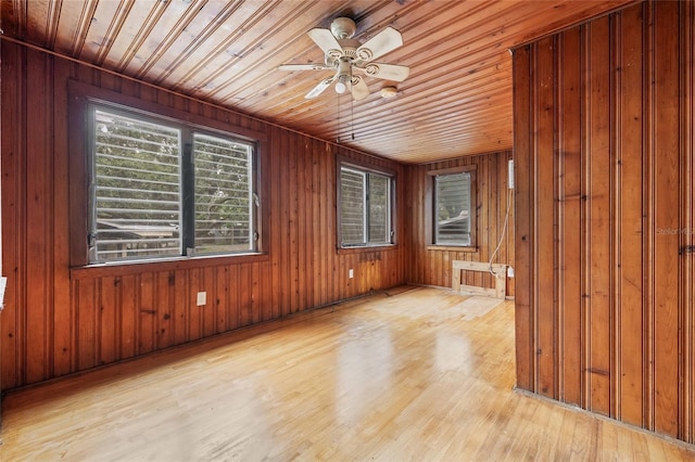 916 E Broad St, Tampa, FL 33604 - empty room featuring a ceiling fan, wooden ceiling, wood finished floors, and wooden walls
