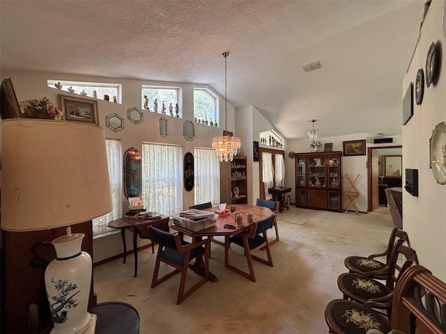 2995 N Bravo Dr, Beverly Hills, FL 34465 - dining area featuring light carpet, lofted ceiling, a chandelier, and a textured ceiling