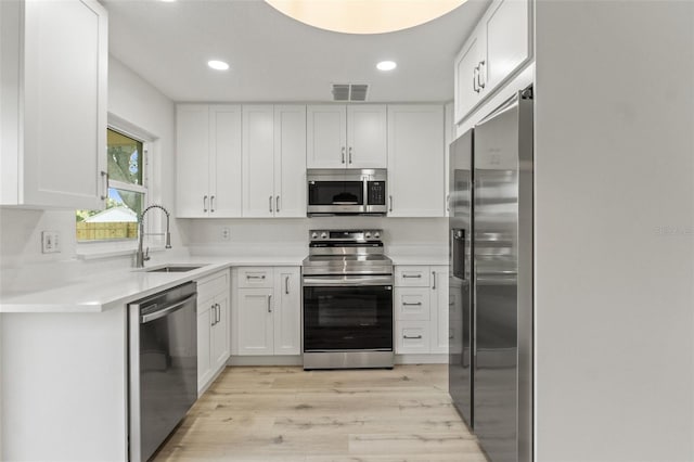7400 Belvedere Ter, New Port Richey, FL 34655 - kitchen with stainless steel appliances, a sink, light wood finished floors, recessed lighting, and white cabinets