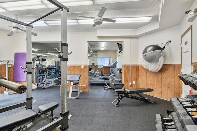 10216 Regal Dr Unit 310, Largo, FL 33774 - workout area featuring a ceiling fan, wainscoting, and wooden walls