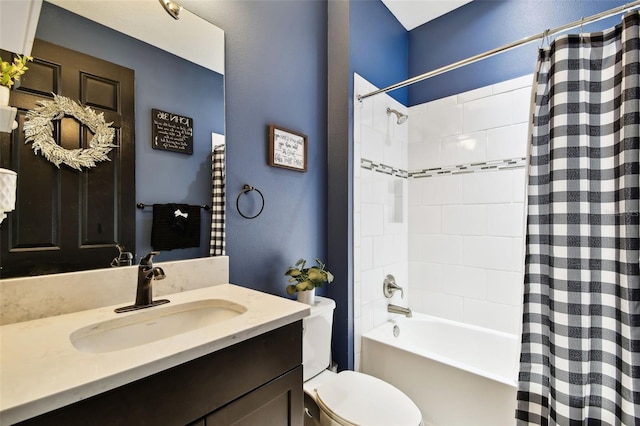 full bath featuring toilet, vanity, and shower / bath combination with curtain