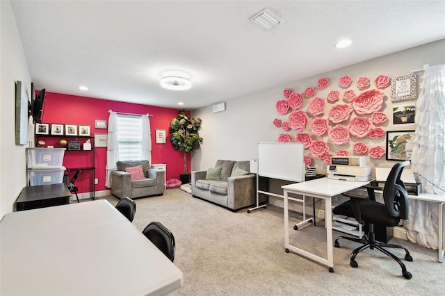 office area featuring carpet floors, recessed lighting, and a textured ceiling