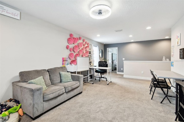 carpeted home office featuring recessed lighting and baseboards
