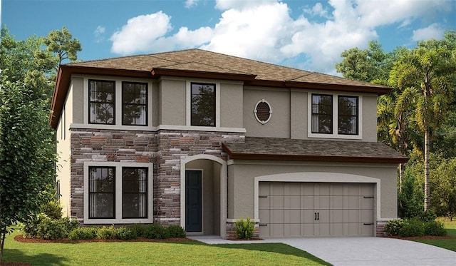 view of front of property with stucco siding, stone siding, an attached garage, and driveway