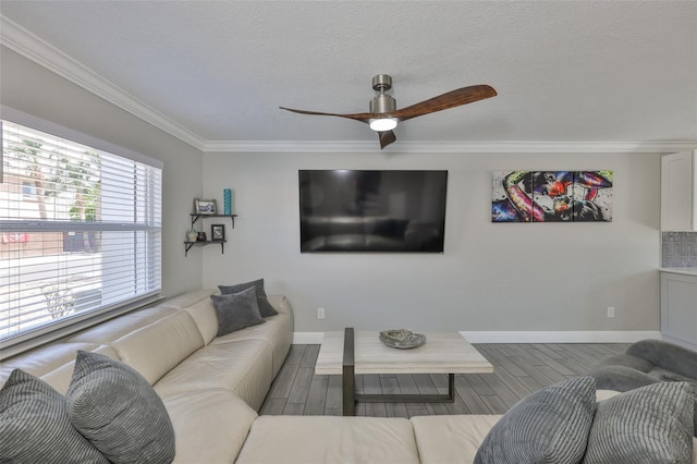 living area with crown molding, a ceiling fan, wood finished floors, baseboards, and a textured ceiling