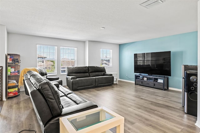 3071 Marine Grass Dr, Wimauma, FL 33598 - living room featuring wood finished floors, baseboards, and a textured ceiling