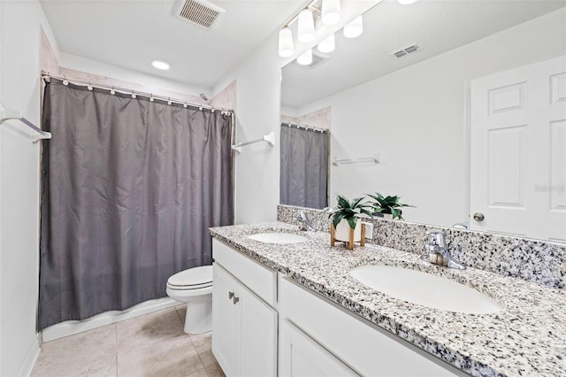 3071 Marine Grass Dr, Wimauma, FL 33598 - bathroom featuring toilet, tile patterned floors, double vanity, and a shower with curtain