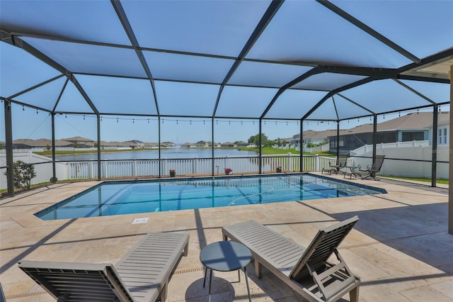 11924 Brighton Knoll Loop, Riverview, FL 33579 - view of swimming pool with a patio area, a water view, glass enclosure, and fence