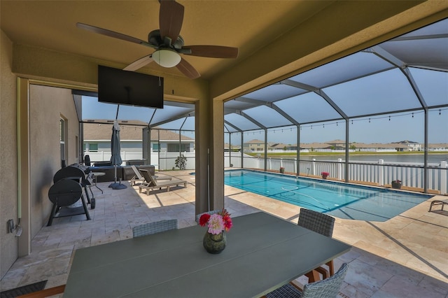 11924 Brighton Knoll Loop, Riverview, FL 33579 - view of swimming pool with a patio area, ceiling fan, outdoor dining space, and a lanai