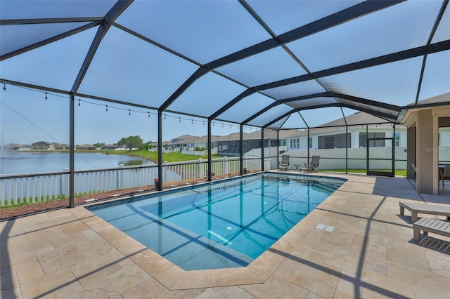 11924 Brighton Knoll Loop, Riverview, FL 33579 - view of pool with a patio, a water view, a residential view, glass enclosure, and fence