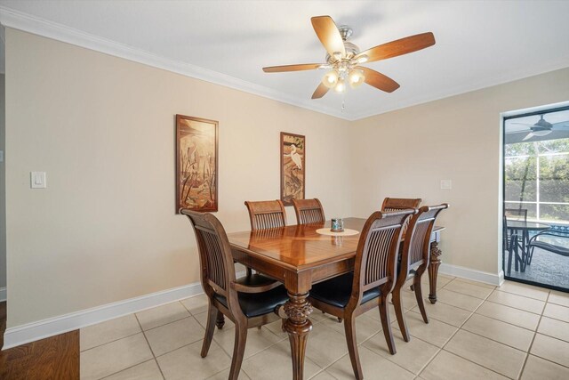 925 Eagle Ln, Apollo Beach, FL 33572 - dining space featuring light tile patterned floors, ceiling fan, crown molding, and baseboards