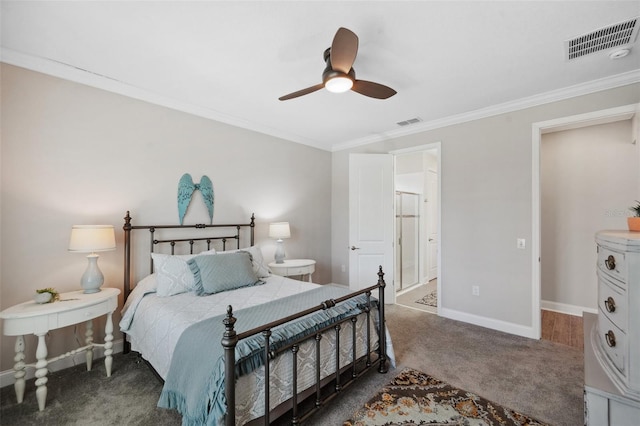 764 W Bayshore Dr, Tarpon Springs, FL 34689 - bedroom with crown molding, carpet flooring, baseboards, and a ceiling fan