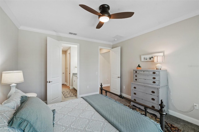 764 W Bayshore Dr, Tarpon Springs, FL 34689 - bedroom featuring light colored carpet, crown molding, baseboards, connected bathroom, and a ceiling fan