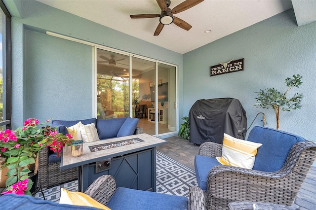 12817 Cobalt Ter, Bradenton, FL 34211 - view of patio / terrace featuring an outdoor fire pit, a ceiling fan, and area for grilling
