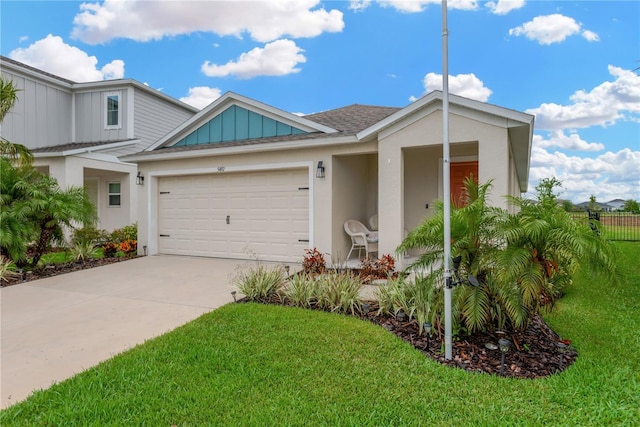 view of front of home with a garage, board and batten siding, concrete driveway, and stucco siding