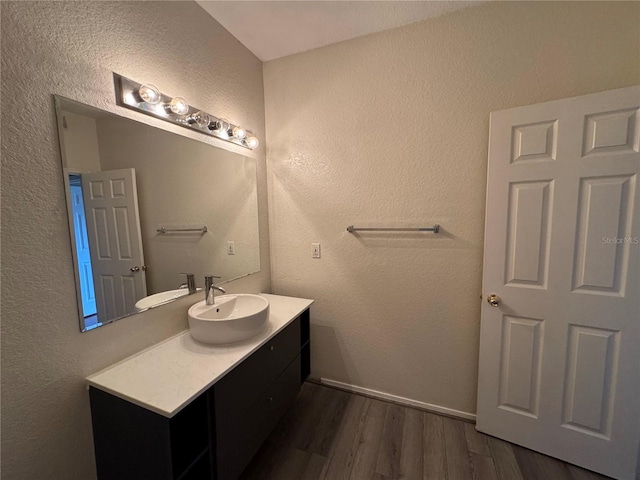 13243 Sanctuary Cove Dr Unit 204, Temple Terrace, FL 33637 - bathroom with wood finished floors, a textured wall, and vanity