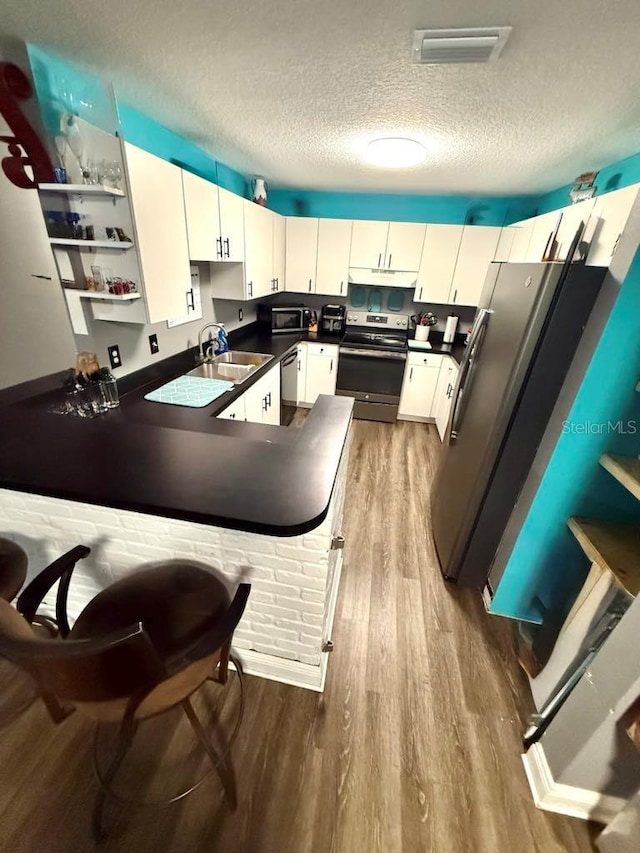 10411 Summerview Cir, Riverview, FL 33578 - kitchen with appliances with stainless steel finishes, a sink, dark wood-style flooring, dark countertops, and a peninsula