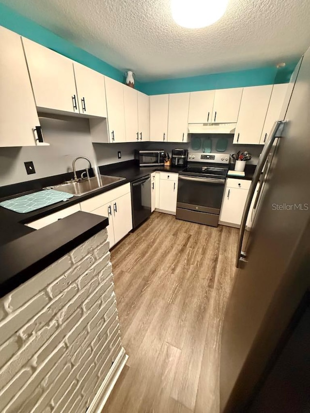 10411 Summerview Cir, Riverview, FL 33578 - kitchen featuring appliances with stainless steel finishes, a sink, light wood finished floors, a textured ceiling, and under cabinet range hood