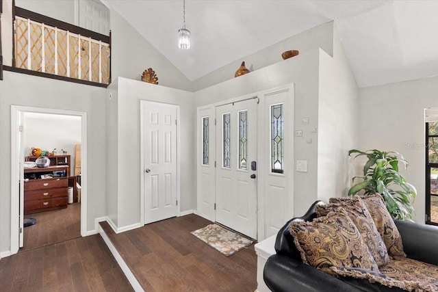 11207 Donneymoor Dr, Riverview, FL 33569 - foyer entrance featuring dark wood finished floors, baseboards, and high vaulted ceiling