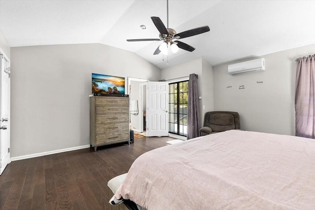 11207 Donneymoor Dr, Riverview, FL 33569 - bedroom with vaulted ceiling, wood finished floors, a wall mounted air conditioner, baseboards, and a ceiling fan
