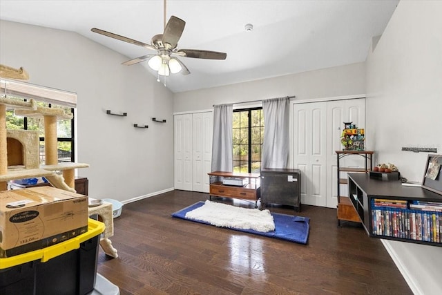 11207 Donneymoor Dr, Riverview, FL 33569 - interior space featuring vaulted ceiling, healthy amount of natural light, ceiling fan, wood finished floors, and baseboards