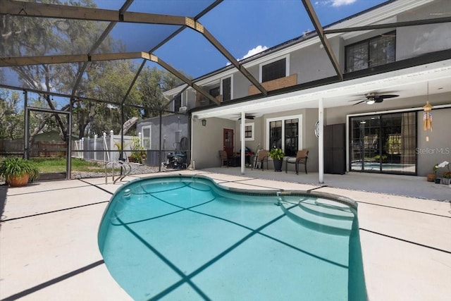 11207 Donneymoor Dr, Riverview, FL 33569 - view of swimming pool featuring a ceiling fan, a patio, a lanai, and fence
