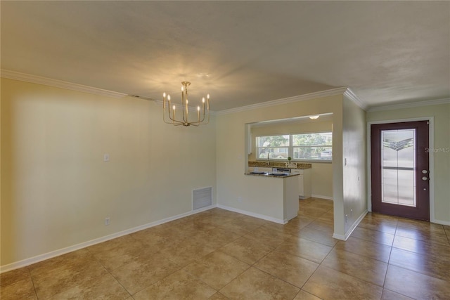 1400 63rd Ave S, Saint Petersburg, FL 33705 - unfurnished dining area with a chandelier, crown molding, light tile patterned flooring, and baseboards