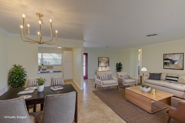 1400 63rd Ave S, Saint Petersburg, FL 33705 - living area featuring a chandelier, crown molding, light tile patterned floors, and baseboards
