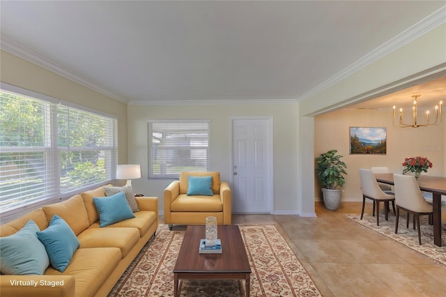 1400 63rd Ave S, Saint Petersburg, FL 33705 - living room featuring a chandelier, crown molding, baseboards, and light tile patterned floors