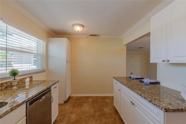 1400 63rd Ave S, Saint Petersburg, FL 33705 - kitchen featuring stainless steel dishwasher, ornamental molding, white cabinetry, light stone counters, and light tile patterned floors
