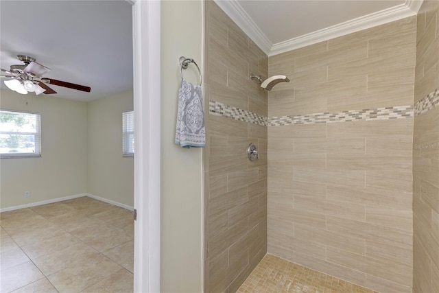 1400 63rd Ave S, Saint Petersburg, FL 33705 - bathroom with tiled shower, ceiling fan, tile patterned floors, baseboards, and ornamental molding