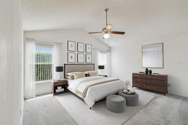 7035 Drury St, Tampa, FL 33635 - bedroom with carpet flooring, multiple windows, vaulted ceiling, ceiling fan, and a textured ceiling