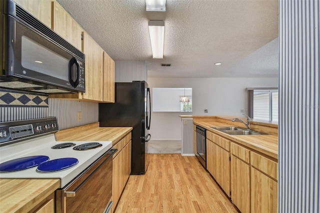 7035 Drury St, Tampa, FL 33635 - kitchen featuring black appliances, a sink, a textured ceiling, wood counters, and light wood finished floors