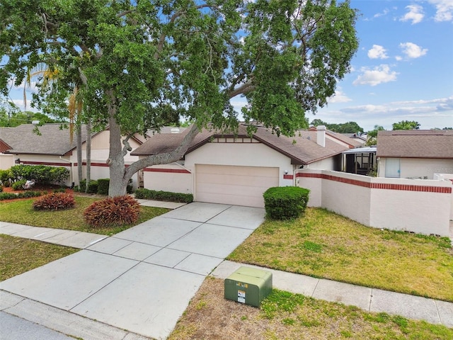 7035 Drury St, Tampa, FL 33635 - mid-century modern home with a garage, concrete driveway, and stucco siding