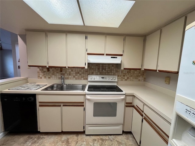 2406 Cypress Pond Rd Unit 2406, Palm Harbor, FL 34683 - kitchen with white electric stove, under cabinet range hood, dishwasher, a sink, and light countertops