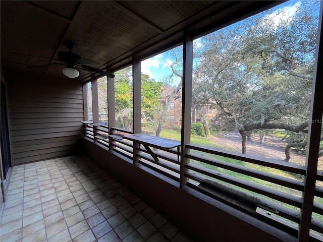 2406 Cypress Pond Rd Unit 2406, Palm Harbor, FL 34683 - unfurnished sunroom with a ceiling fan and view of scattered trees