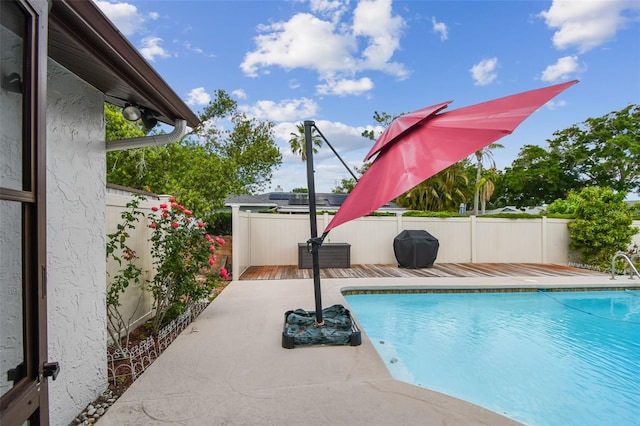 view of swimming pool featuring a fenced backyard and a patio
