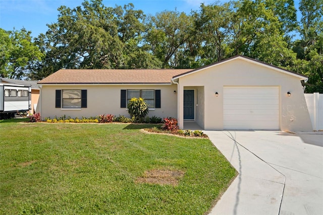 4549 Ontario Dr, New Port Richey, FL 34652 - ranch-style home with stucco siding, an attached garage, driveway, a front lawn, and a shingled roof
