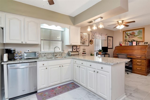 4125 W Obispo St, Tampa, FL 33629 - kitchen with dishwasher, a ceiling fan, light marble finish floors, and a sink