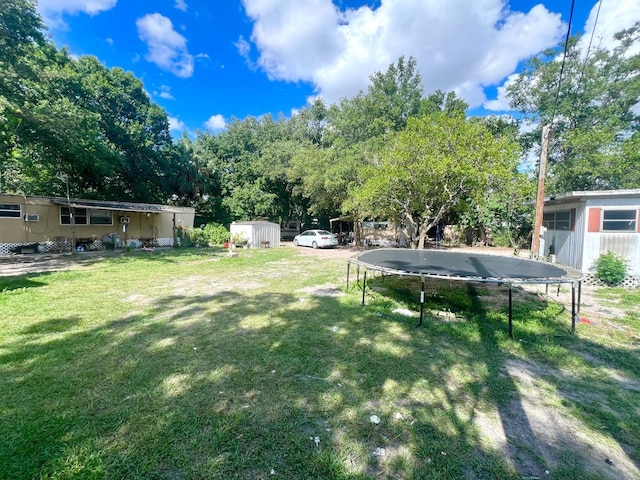 1104 E 122nd Ave, Tampa, FL 33612 - view of green lawn featuring a trampoline, a shed, view of scattered trees, and an outdoor structure