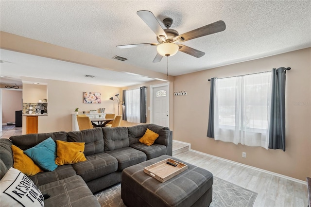 8497 Portulaca Ave, Seminole, FL 33777 - living area featuring ceiling fan, light wood-type flooring, healthy amount of natural light, a textured ceiling, and baseboards