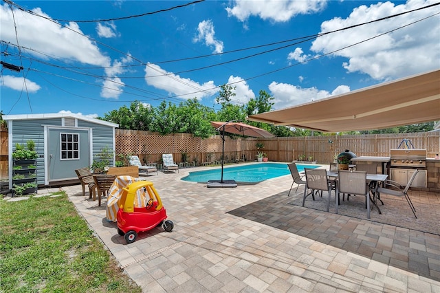 8497 Portulaca Ave, Seminole, FL 33777 - view of swimming pool with outdoor dining space, a patio, a fenced backyard, an outdoor structure, and a storage shed