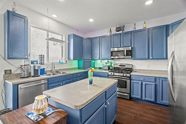 2832 Brinley Dr, New Port Richey, FL 34655 - kitchen featuring appliances with stainless steel finishes, a sink, blue cabinetry, dark wood-style flooring, and light countertops