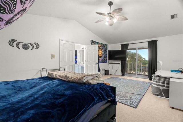 2832 Brinley Dr, New Port Richey, FL 34655 - carpeted bedroom with access to outside, vaulted ceiling, and ceiling fan