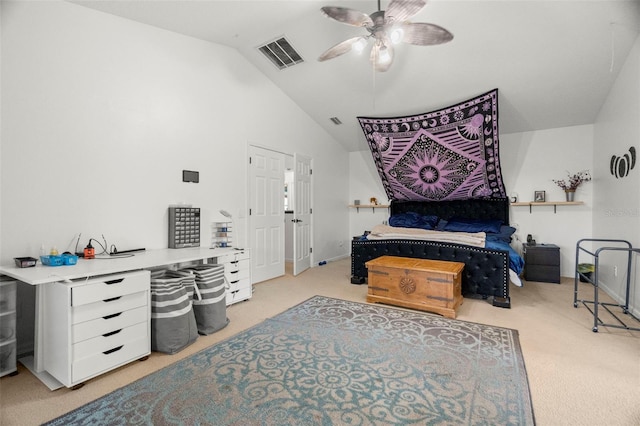 2832 Brinley Dr, New Port Richey, FL 34655 - bedroom with carpet floors, vaulted ceiling, a ceiling fan, and baseboards