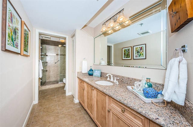 1600 Gulf Blvd Unit 514, Clearwater Beach, FL 33767 - bathroom featuring a shower stall, baseboards, tile patterned flooring, toilet, and vanity