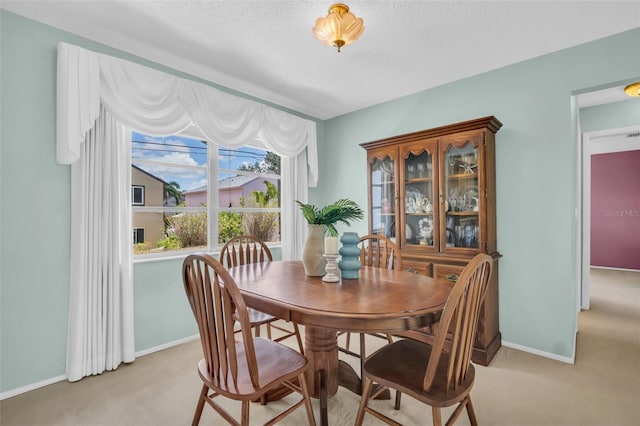 2113 Malcolm Dr, Palm Harbor, FL 34684 - dining space featuring light colored carpet, baseboards, and a textured ceiling