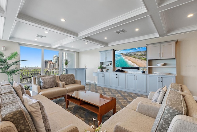 700 Beach Dr NE Unit 704, Saint Petersburg, FL 33701 - living room with coffered ceiling, beamed ceiling, baseboards, crown molding, and recessed lighting