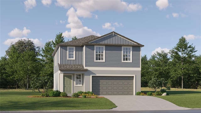 8625 Linked Dr, New Port Richey, FL 34655 - view of front of home with concrete driveway, a garage, a front yard, and board and batten siding