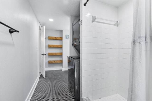5632 Indiana Ave, New Port Richey, FL 34652 - full bathroom with tiled shower, baseboards, recessed lighting, and tile patterned flooring